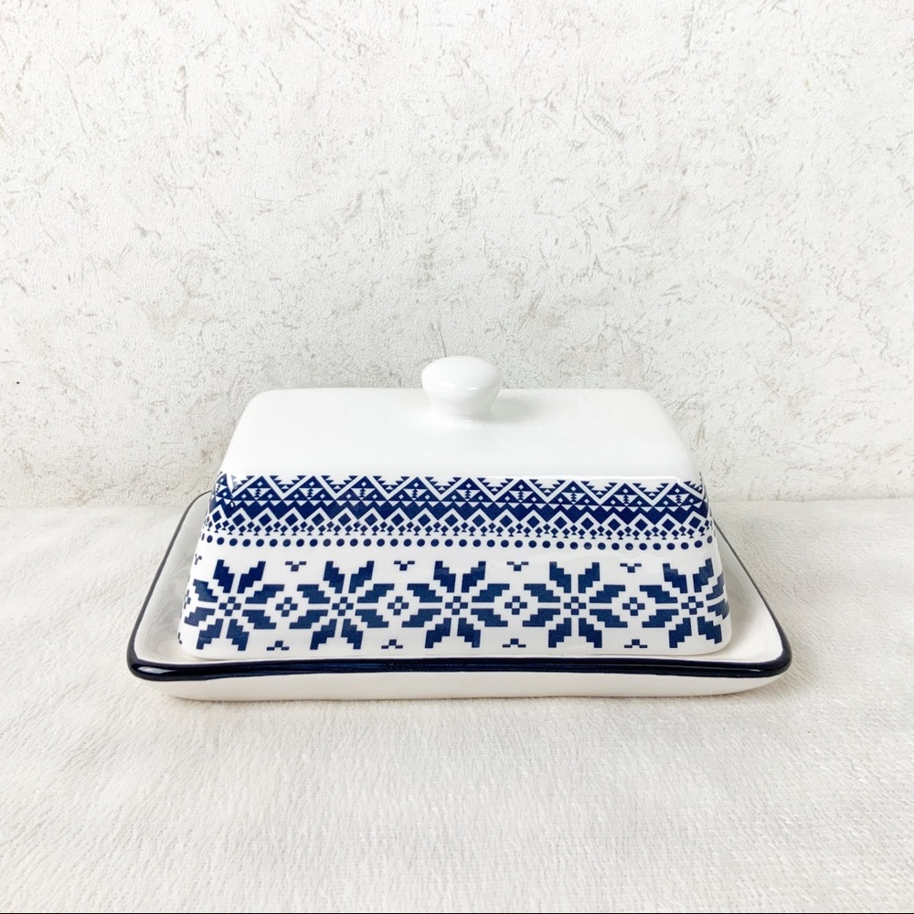 Snowflake Butter Dish Fair Isle Sweater Pattern Retro Winter Ceramic Christmas - Picture 3 of 6